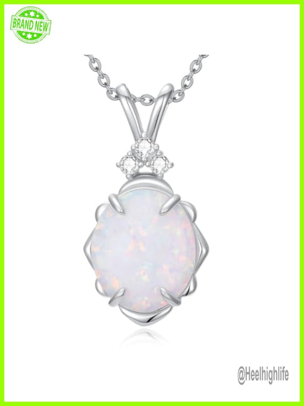 Oval Opal & Diamond Pendant Necklace 925 Sterling Silver